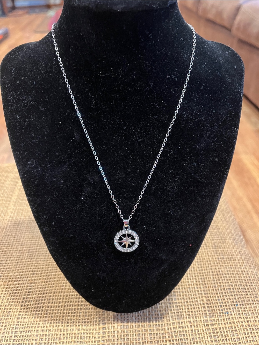 Sterling Silver Compass Star Pendant Necklace - Silver